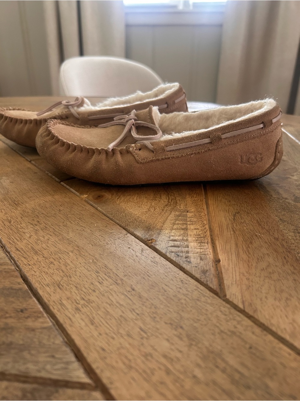 UGG Chestnut Suede Moccasin Slippers with Shearling Trim
